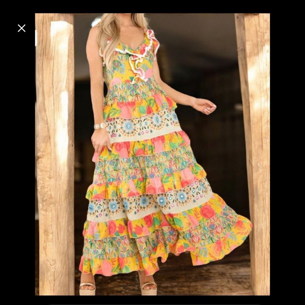 NWT- Beatnik Philosophy Colorful Mirrored Tiered Dress-Size Medium